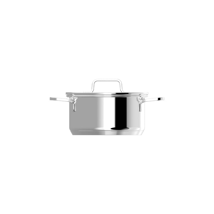 Shiny stainless steel pot with a lid and two handles, reflecting light.