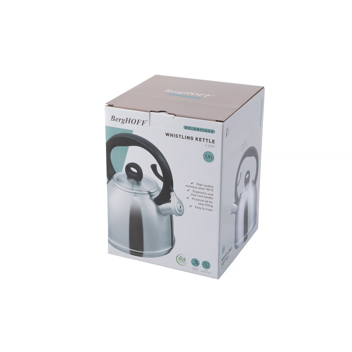 BergHOFF Whistling Kettle Cami 1.9L - Stainless Steel with Flip-Up Spout Cover for Safe Pouring