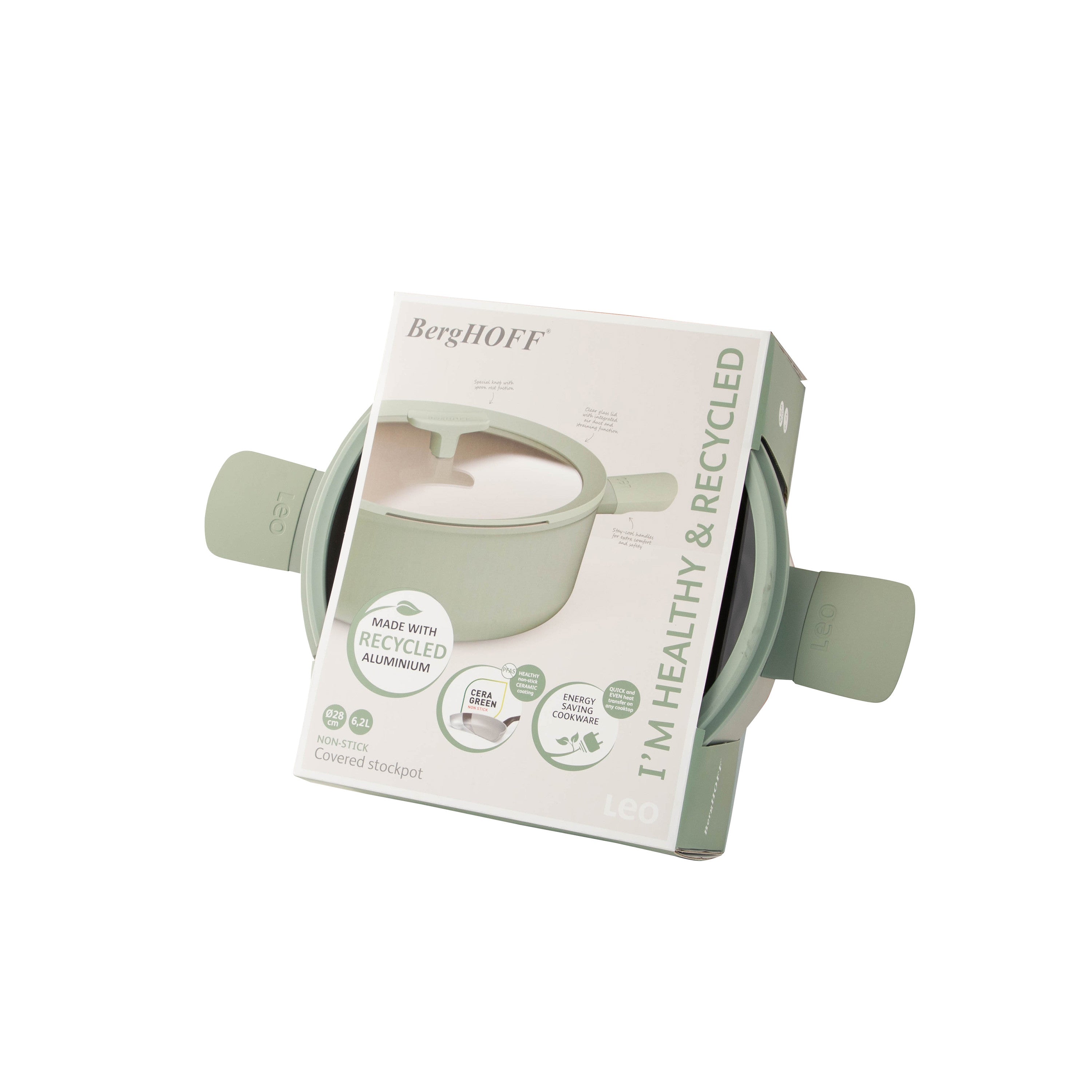 BergHOFF 28cm Covered Stockpot - Balance Sage Non-Stick Aluminium Pot with Spoon Rest & Glass Lid