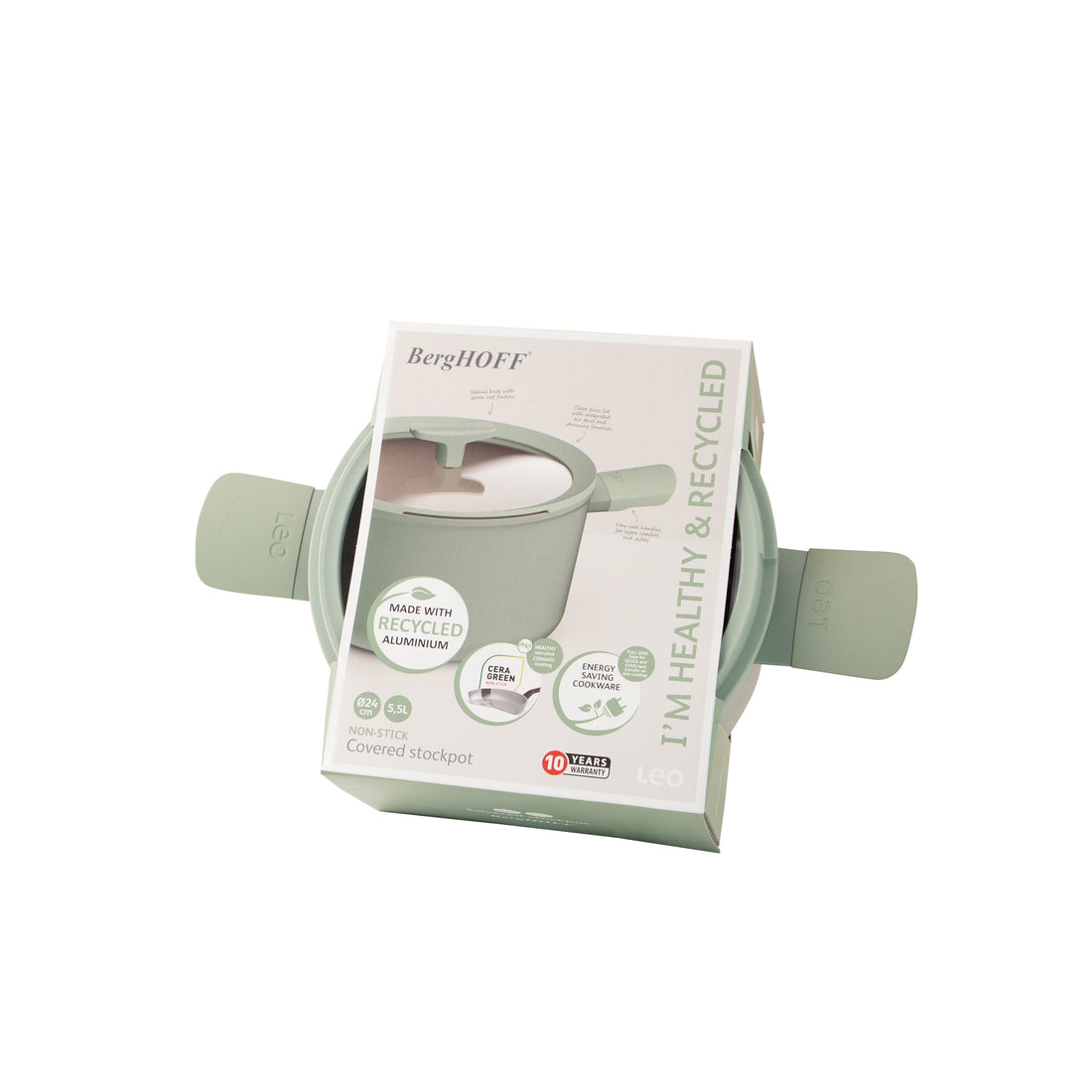 BergHOFF 24cm Tall Stockpot - Balance Sage Non-Stick with Stay-Cool Handles & Integrated Lid Strainer