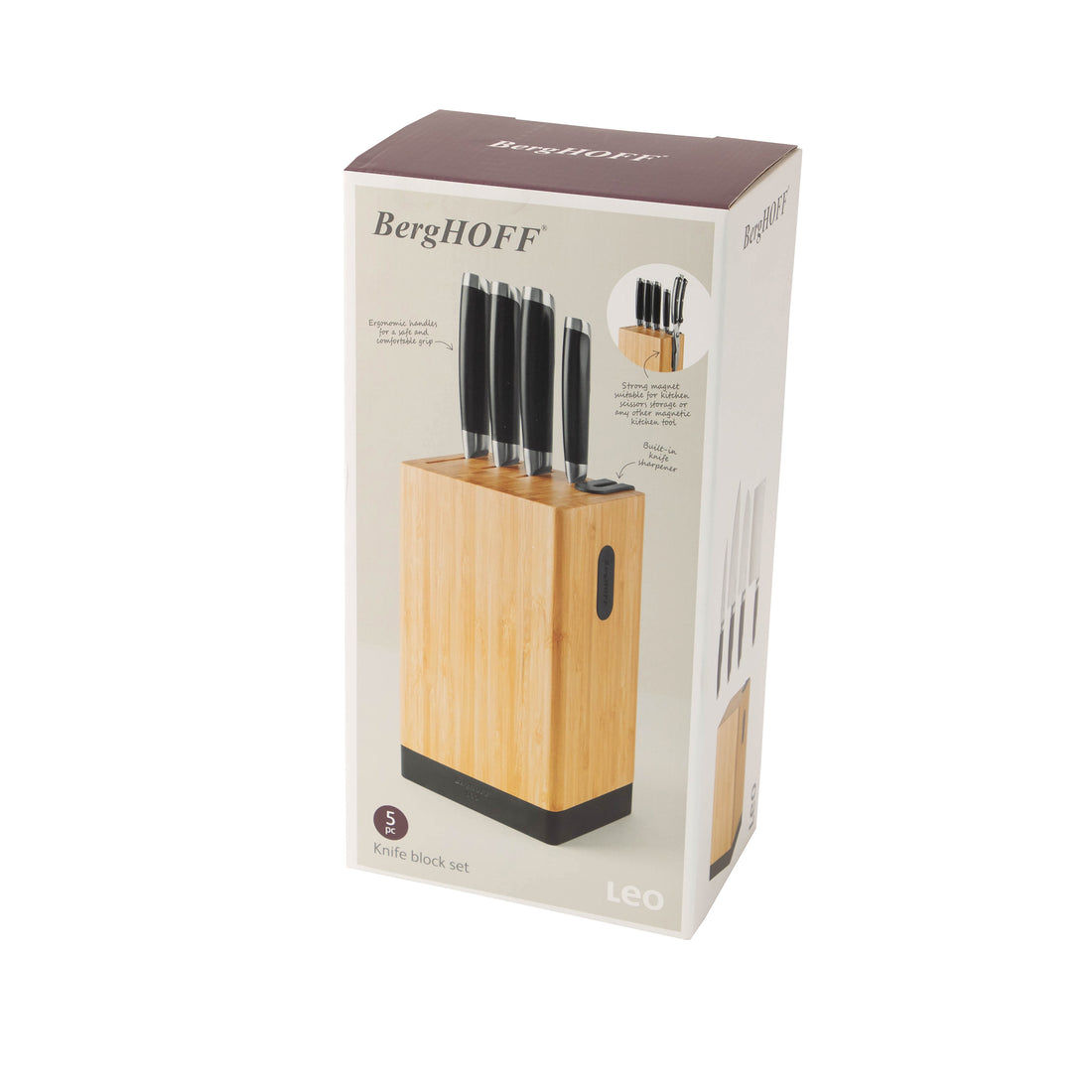 BergHOFF 5-Piece Knife Block - Graphite Series with Asian-Inspired Knives, Sharpener and Magnetic Side