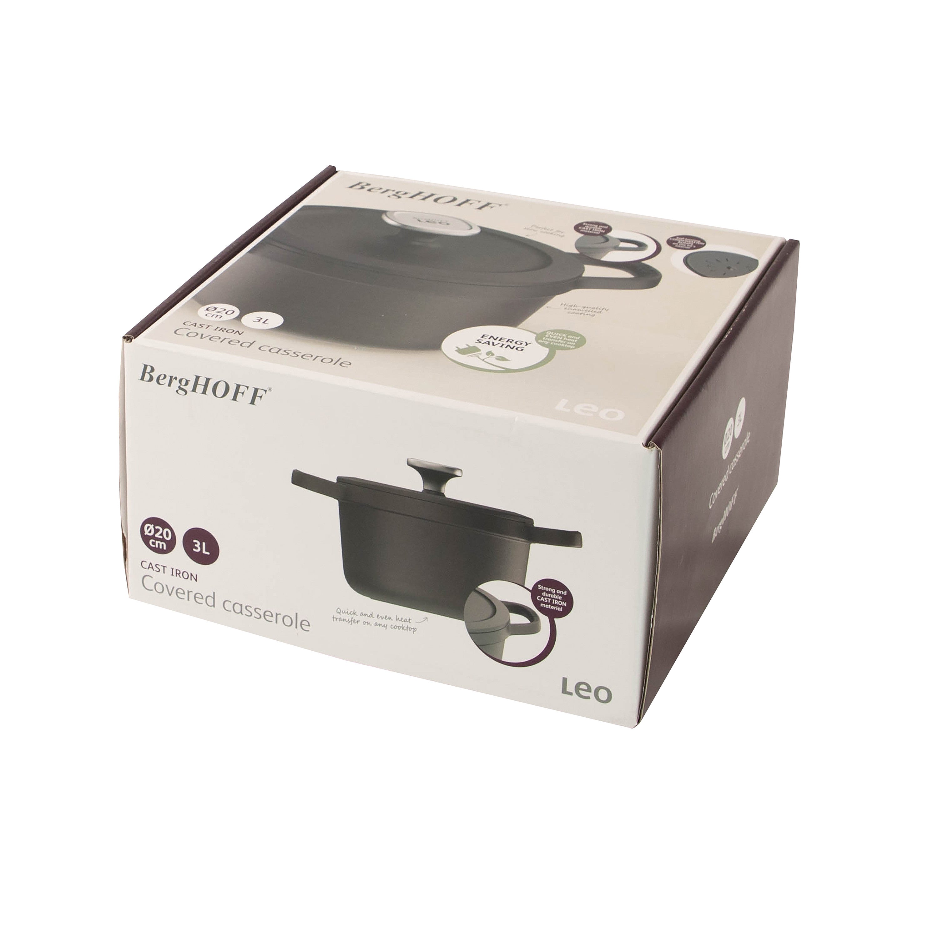 BergHOFF 20cm Covered Casserole – Graphite Cast Iron with Basting Lid for Slow Cooking