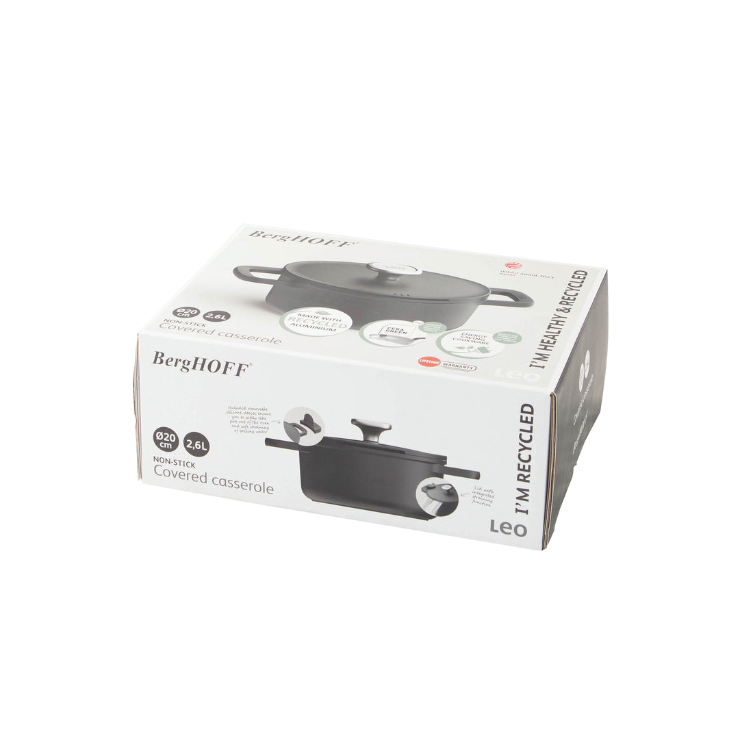 BergHOFF 20cm Casserole – Phantom Series with Silicone Sleeves &amp; Integrated Straining Glass Lid